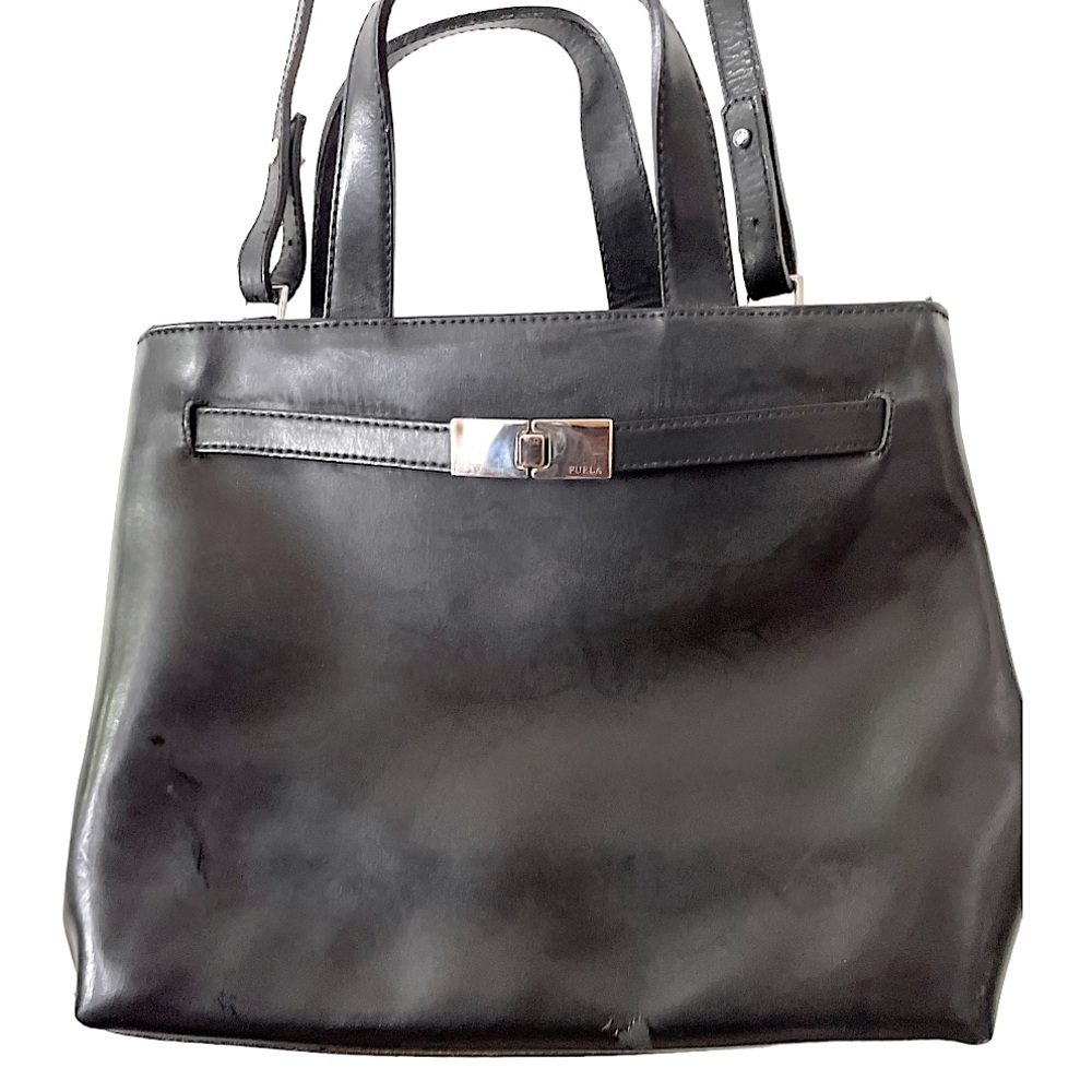 Furla Black Leather Handbag with Long Strap and Silver Hardware‎